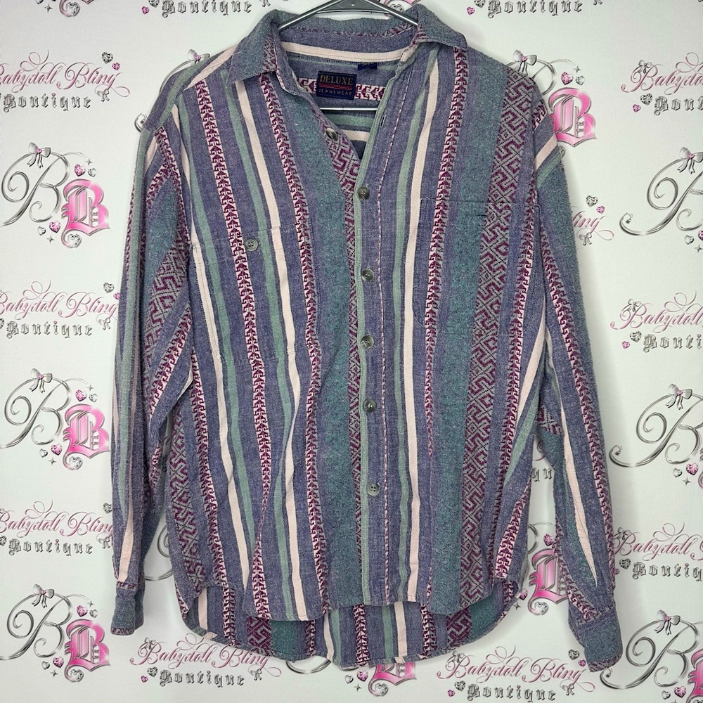 Deluxe jeanswear button down shirt Aztec vintage boho print distressed western